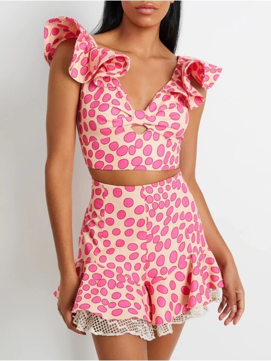 PatBO Pants - Patbo Bossa Rosa Pink Polka-Dot Ruffle High Waist Shorts